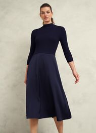 Trina Satin Knitted Dresses, Hobbs Navy, hi-res