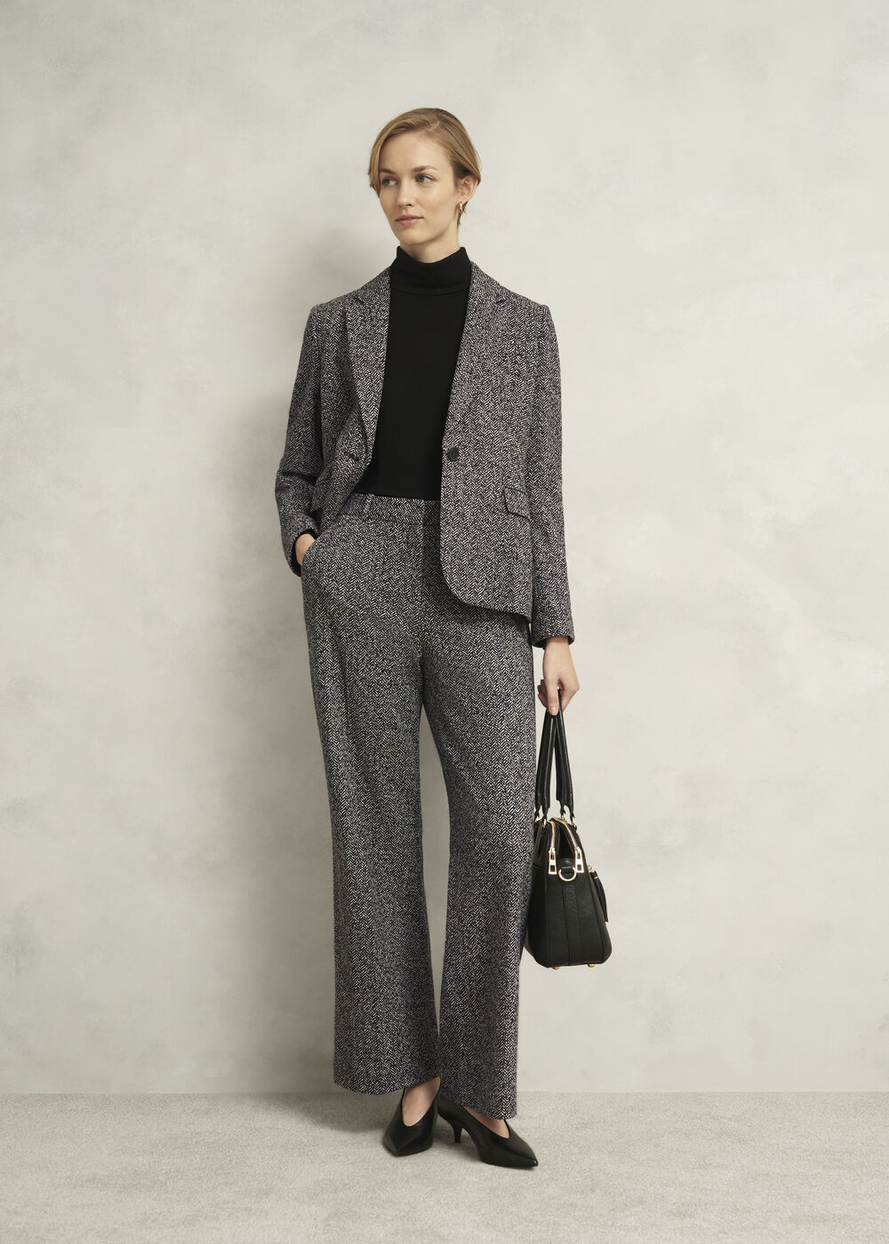 Petite Marlyn Wool Jersey Wide Trousers, Black White, hi-res