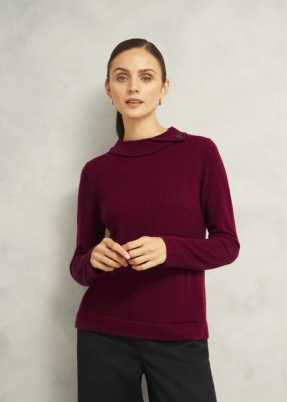 Burgundy Talia Cashmere Blend Button Neck Sweater