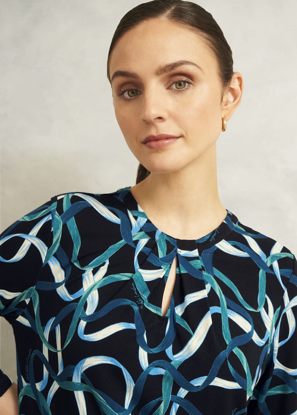 Blue Julia Ribbon Printed Key Hole 3/4 Sleeve Top, Navy Blue, hi-res