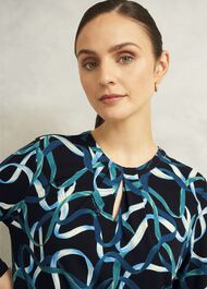 Blue Julia Ribbon Printed Key Hole 3/4 Sleeve Top, Navy Blue, hi-res
