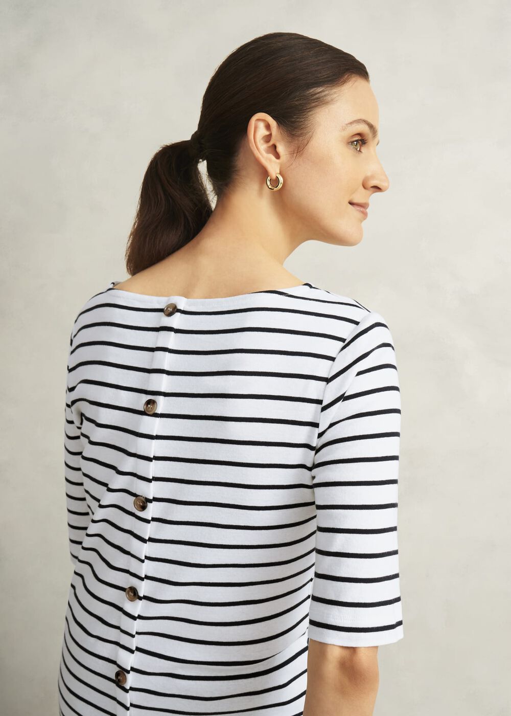 Ivory Katie Cotton Stripe Button Back Top, White Navy, hi-res