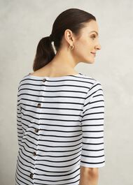 Ivory Katie Cotton Stripe Button Back Top, White Navy, hi-res