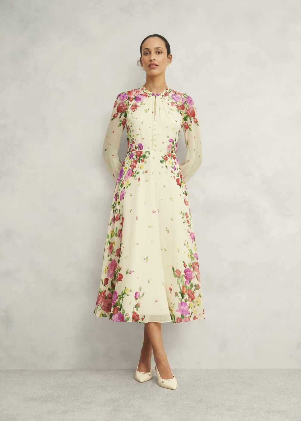 Petite Eva Floral Silk Dress, Cream Multi, hi-res