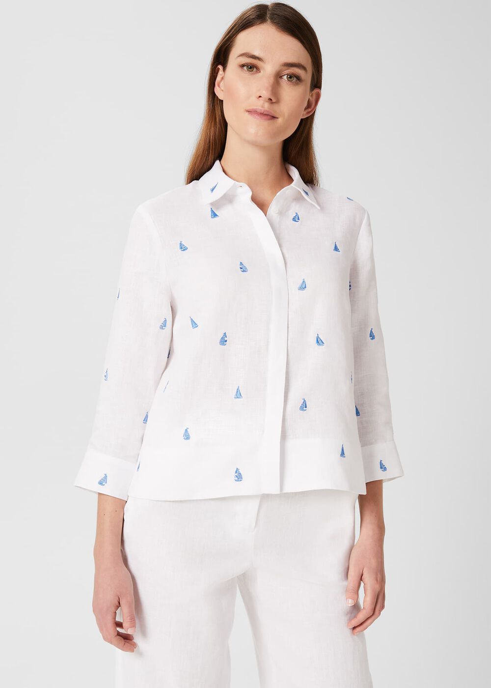 Embroidered Nita Linen Shirt, White Sky Blue, hi-res