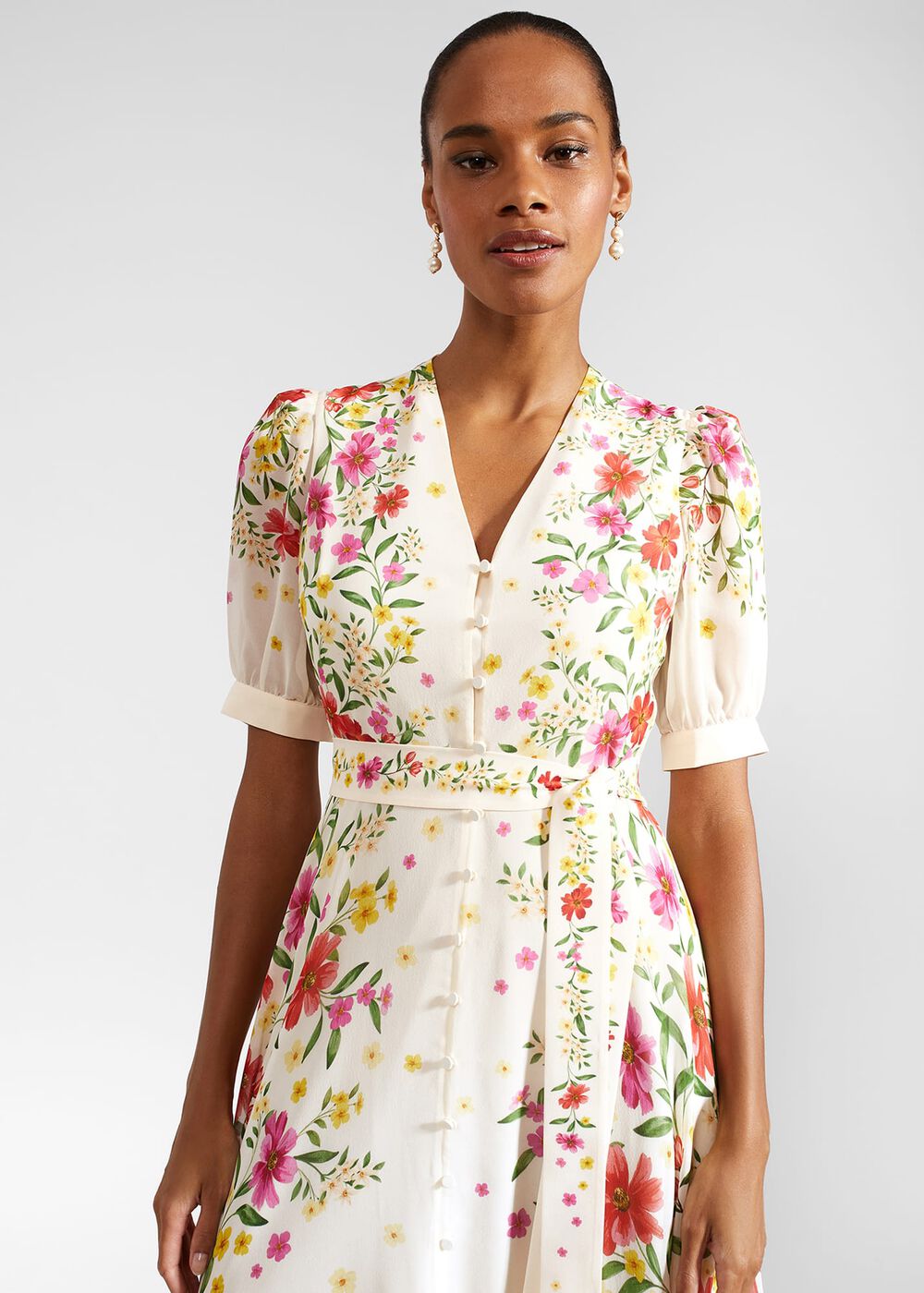 Petite Aurelia Floral Silk Dress, Cream Multi, hi-res