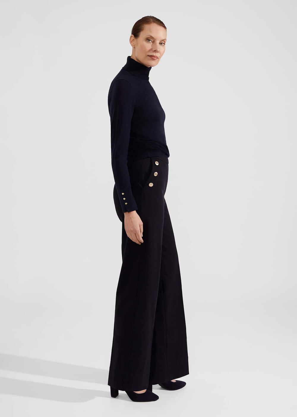 Hana Wide Leg Cotton Blend Trousers, Navy, hi-res