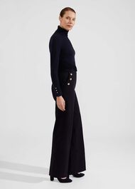Hana Wide Leg Cotton Blend Trousers, Navy, hi-res