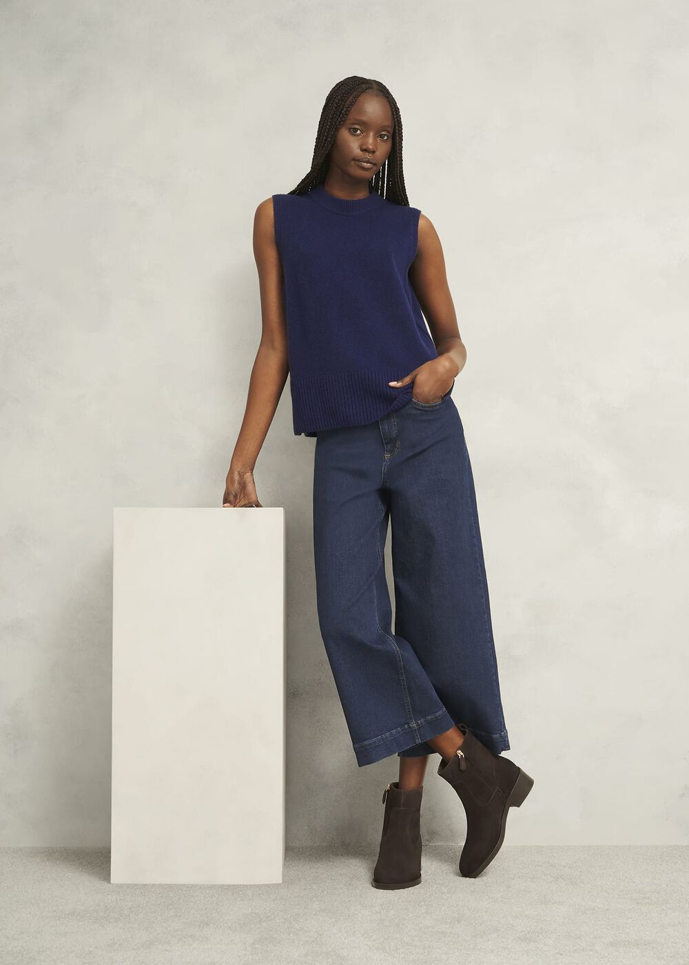 Navy Ruby Crew Neck Layering Knitted Vest, True Navy, hi-res