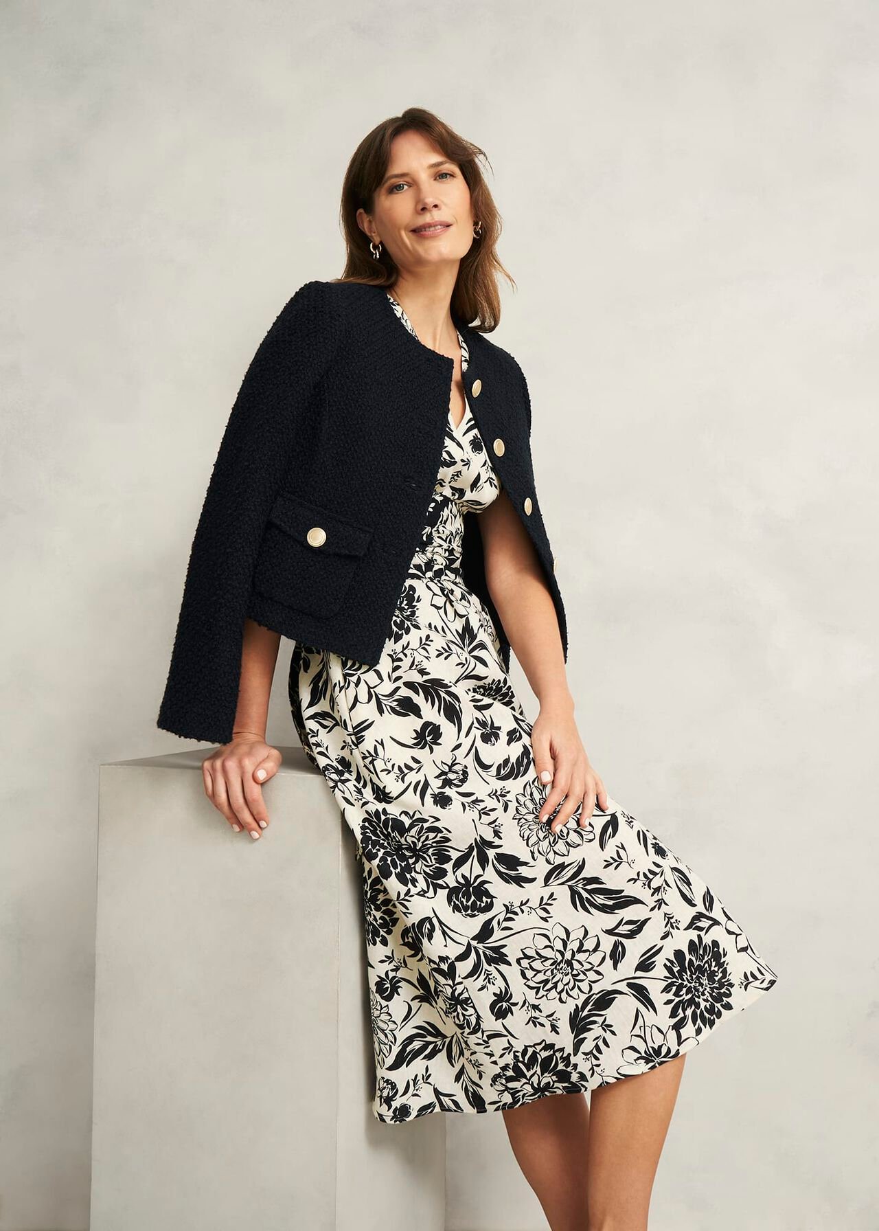 Teagan Linen Dress, Ivory Navy, hi-res