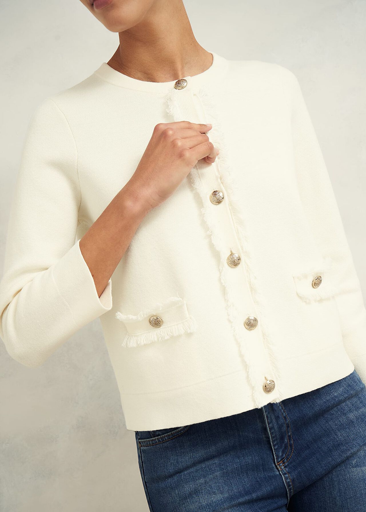 Sairey Cotton Wool Knitted Jacket, Warm Ivory, hi-res