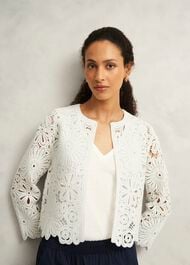 Ivory Syon Floral Cotton Crochet Knitted Jacket, Ivory, hi-res