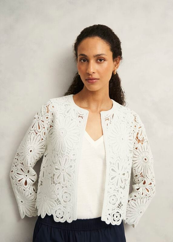 Ivory Syon Floral Cotton Crochet Knitted Jacket