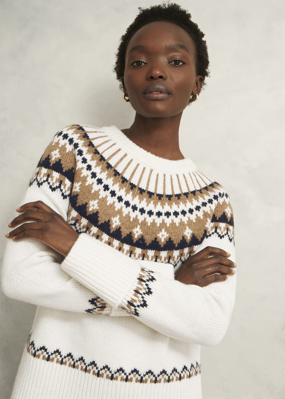 Anya Fairisle Chunky Crew Sweater, Ivory Camel, hi-res