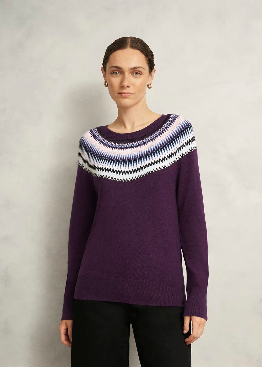 Purple Greta Wool Blend Fairisle Crew Neck Sweater, Vibrant Purple, hi-res
