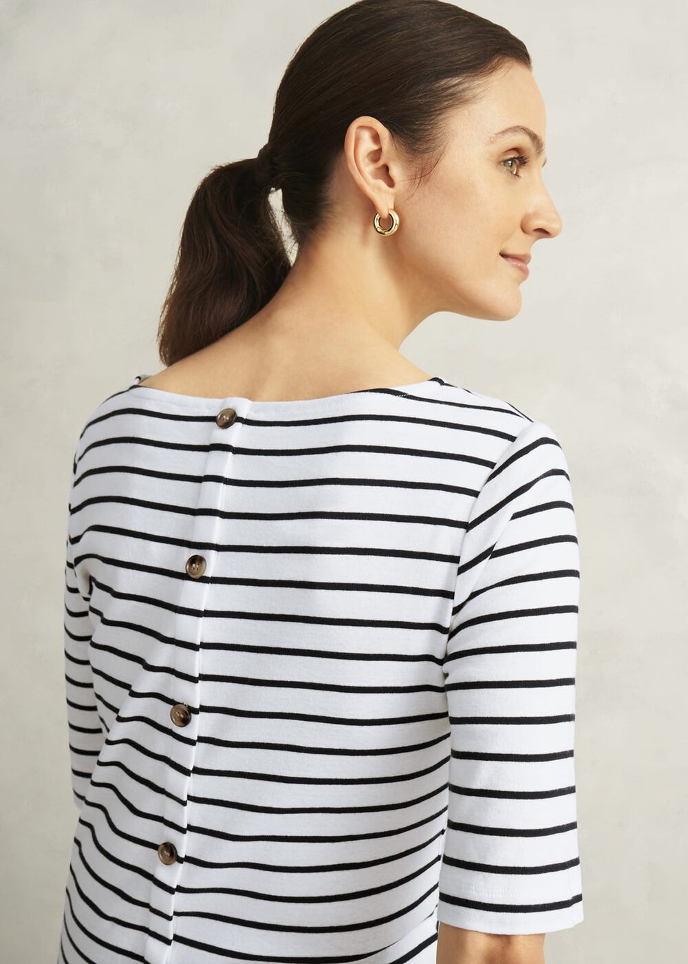 Ivory Katie Cotton Stripe Button Back Top, White Navy, hi-res