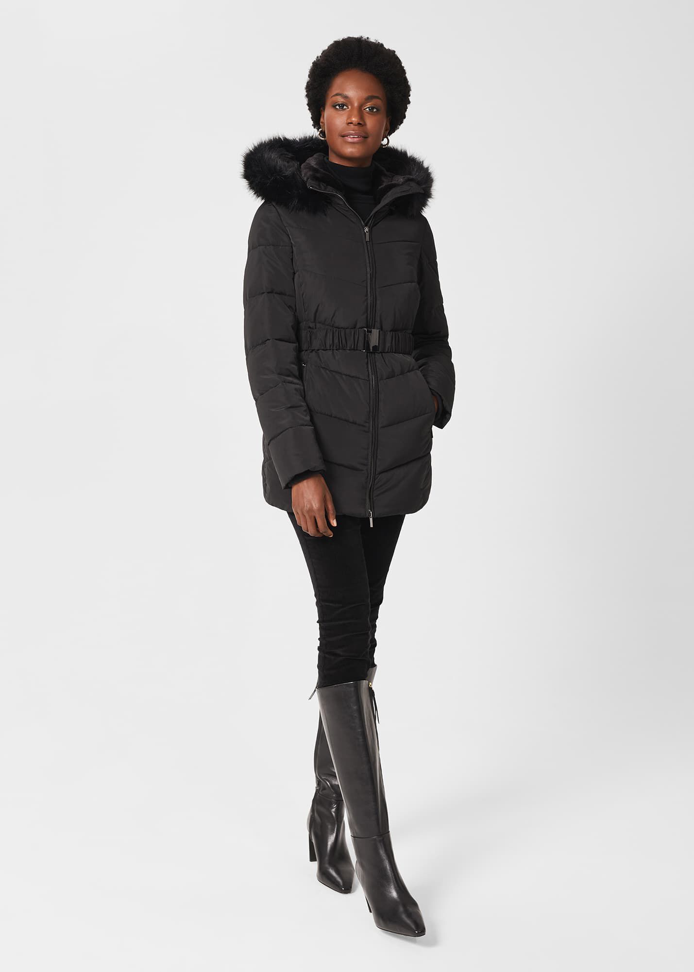belted puffer jacket with fur hood