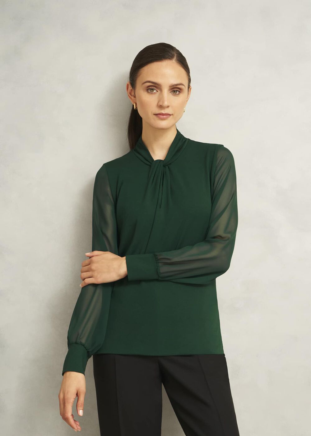 Green Ashley Twist Neck Sheer Long Sleeve Top, Bay Green, hi-res