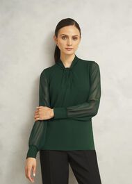 Green Ashley Twist Neck Sheer Long Sleeve Top, Bay Green, hi-res