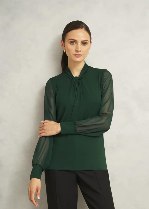 Green Ashley Twist Neck Sheer Long Sleeve Top