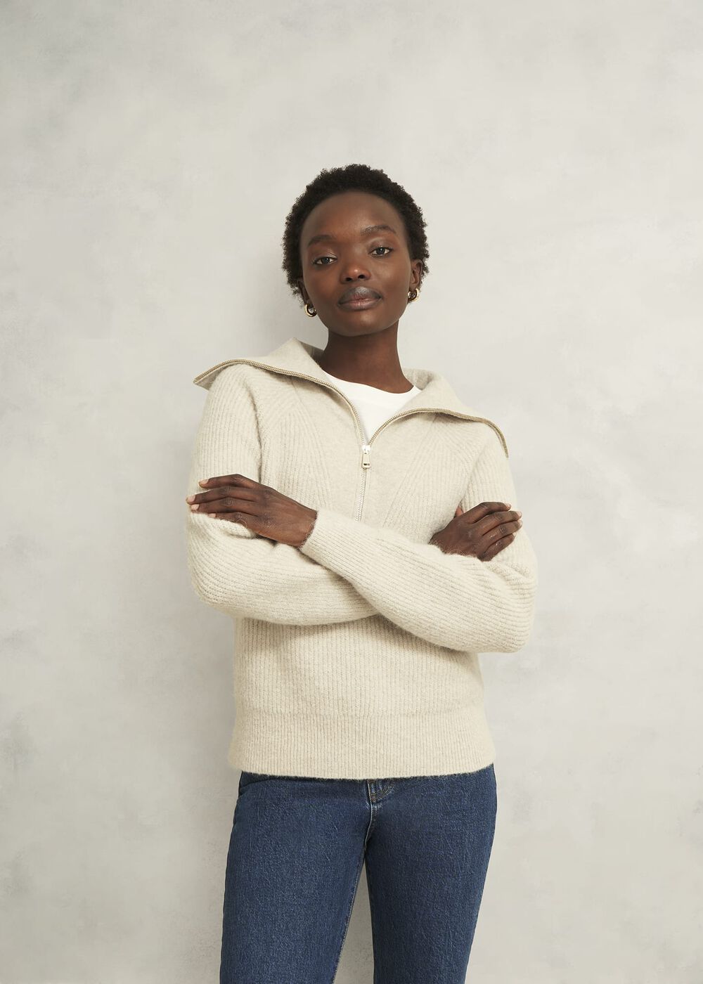 Sandy Zip Roll Neck Knitted Jumper, Oatmeal Marl, hi-res