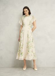 Kim Plait Neck Floral Silk Dress , Cream Multi, hi-res