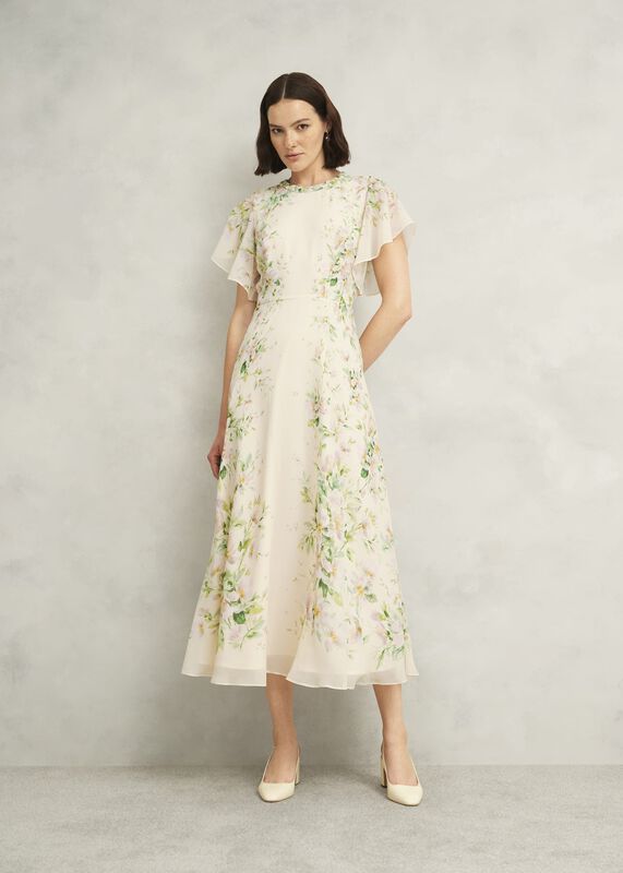 Kim Plait Neck Floral Silk Dress 