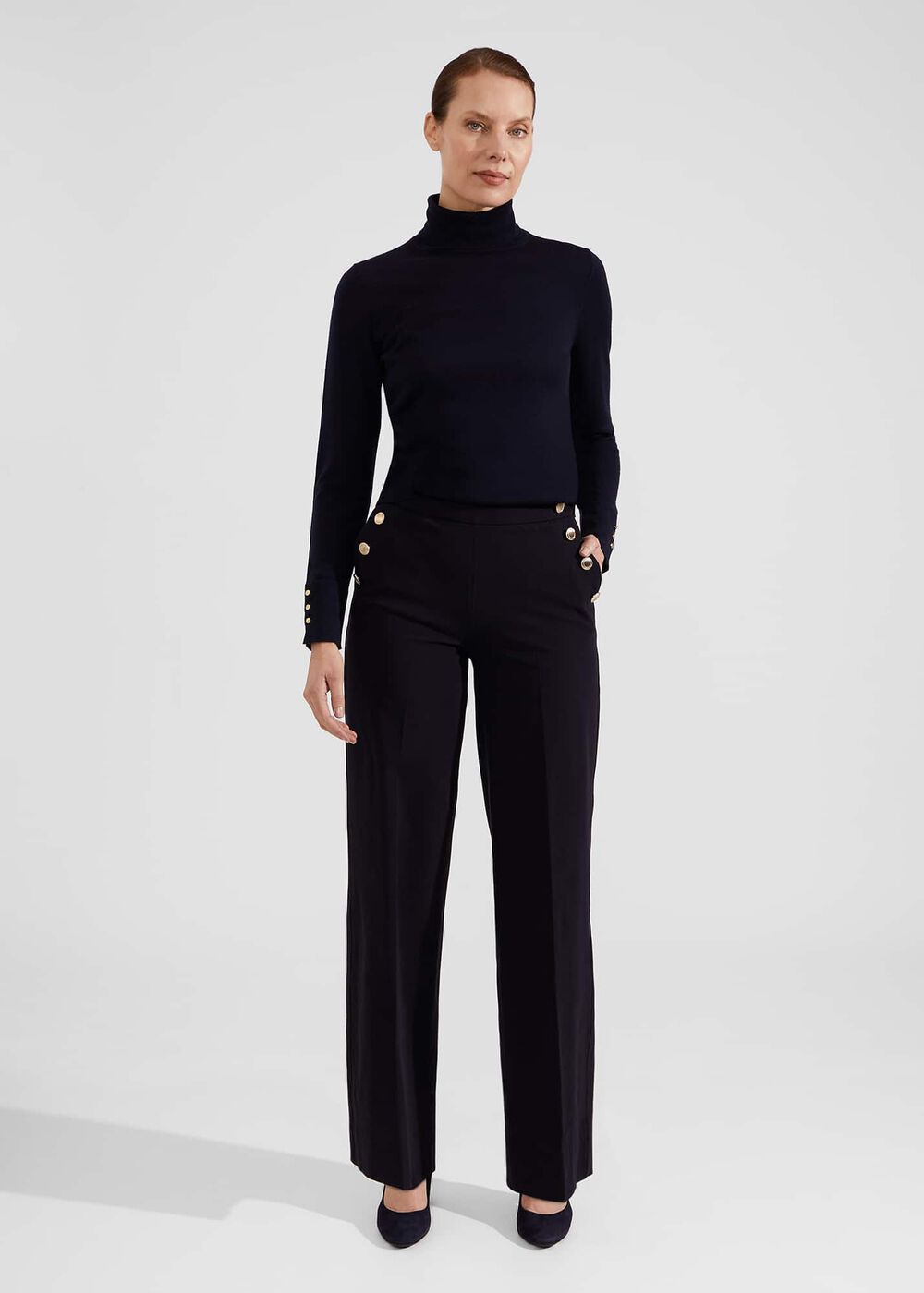 Hana Wide Leg Cotton Blend Trousers, Navy, hi-res
