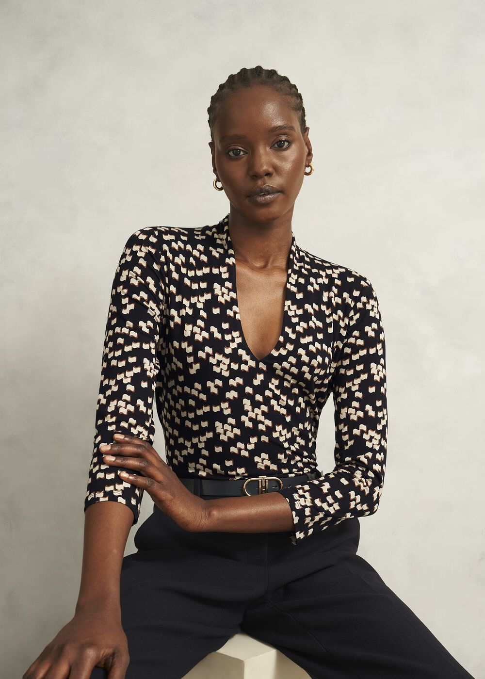 Navy Aimee Printed V Neck 3/4 Sleeve Top, Navy Ivory, hi-res