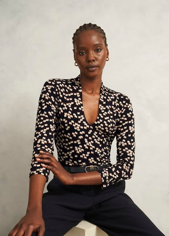 Navy Aimee Printed V Neck 3/4 Sleeve Top
