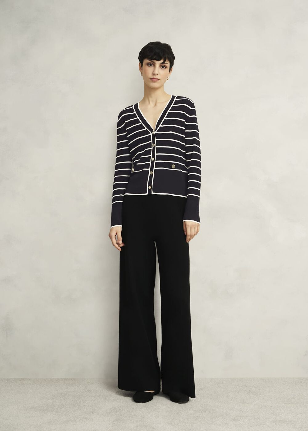 Navy Belmont Striped Knitted V Neck Cardigan, Black Cream, hi-res