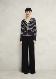 Navy Belmont Striped Knitted V Neck Cardigan, Black Cream, hi-res