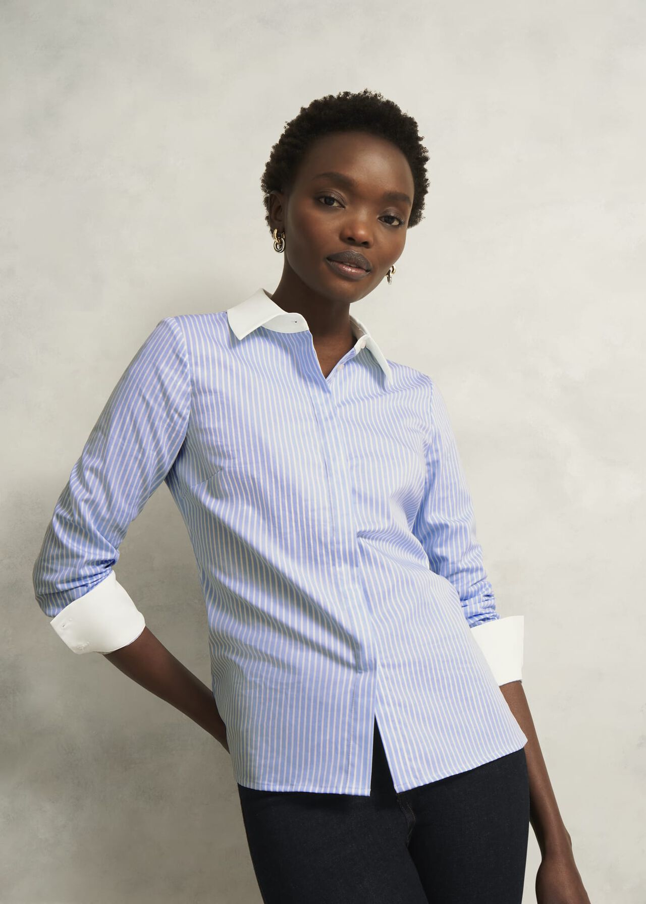 Victoria Cotton Blend Shirt, Pale Blue White, hi-res