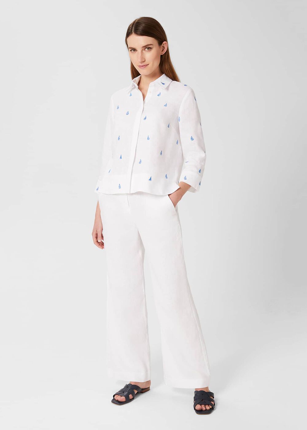 Embroidered Nita Linen Shirt, White Sky Blue, hi-res