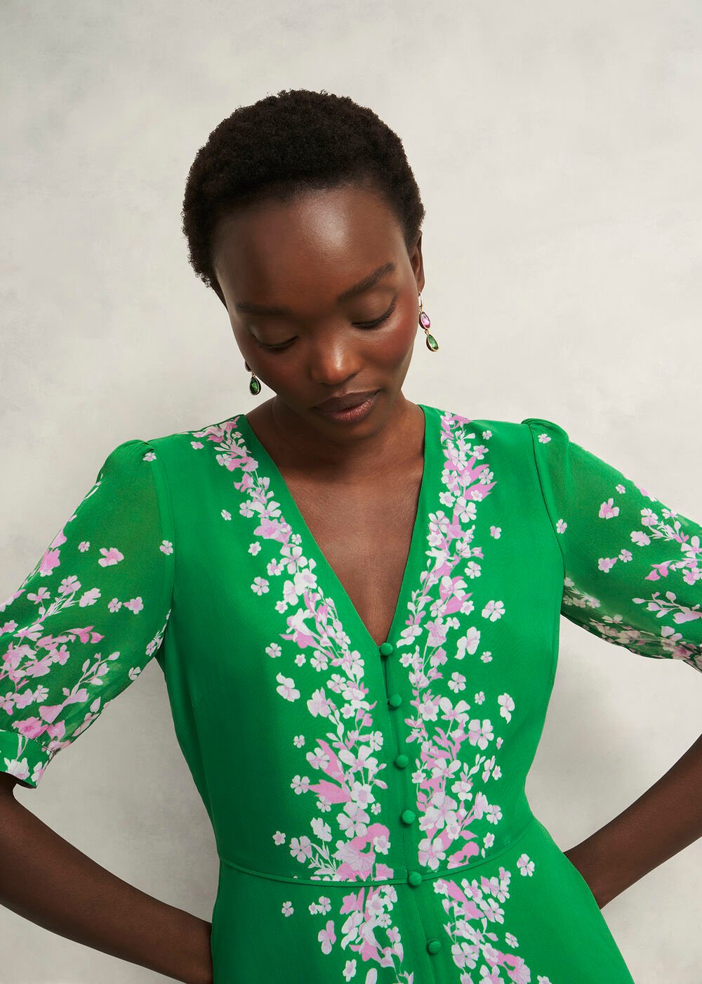 Petite Ana Silk Floral Dress, Green Pink, hi-res