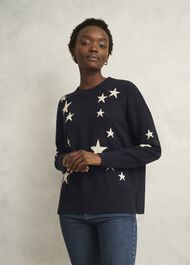 Arnelle Wool Blend Star Print Knitted Sweater, Navy Silver, hi-res
