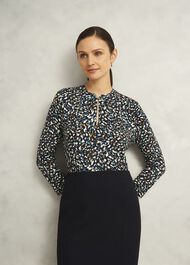 Navy Margot Printed Button Key Hole 3/4 Sleeve Top, Blue Multi, hi-res