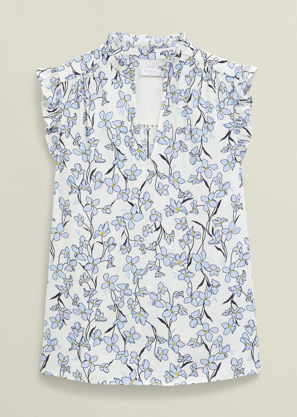 Ivory Floral Jules Top with Frill Sleeve, Ivory Blue, hi-res