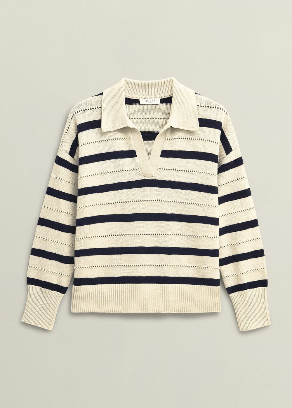 Ivory Beauford Cotton Stripe Polo Knitted Sweater, Cream Navy, hi-res