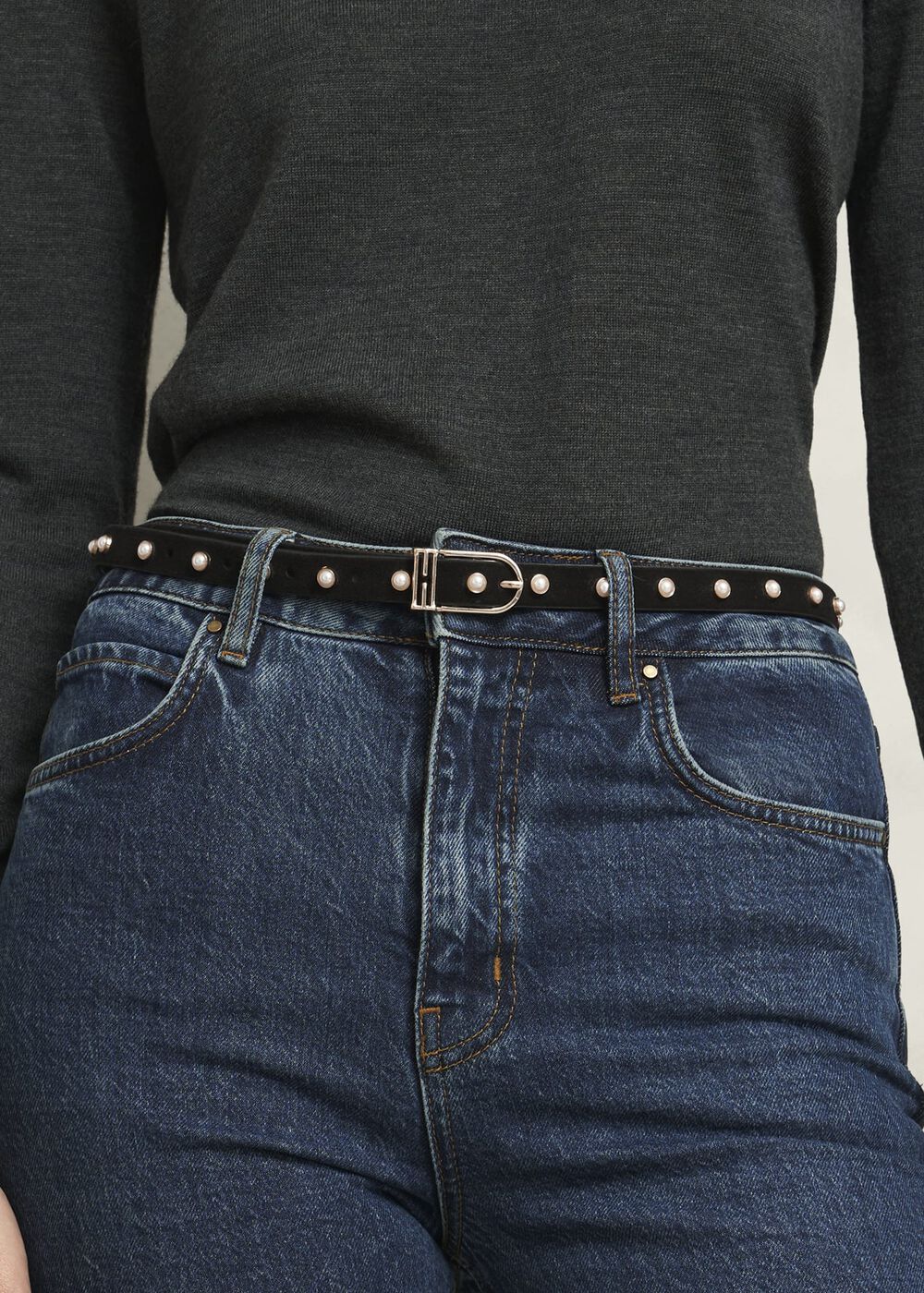 Frederica Pearl Embelished Belt, Black, hi-res