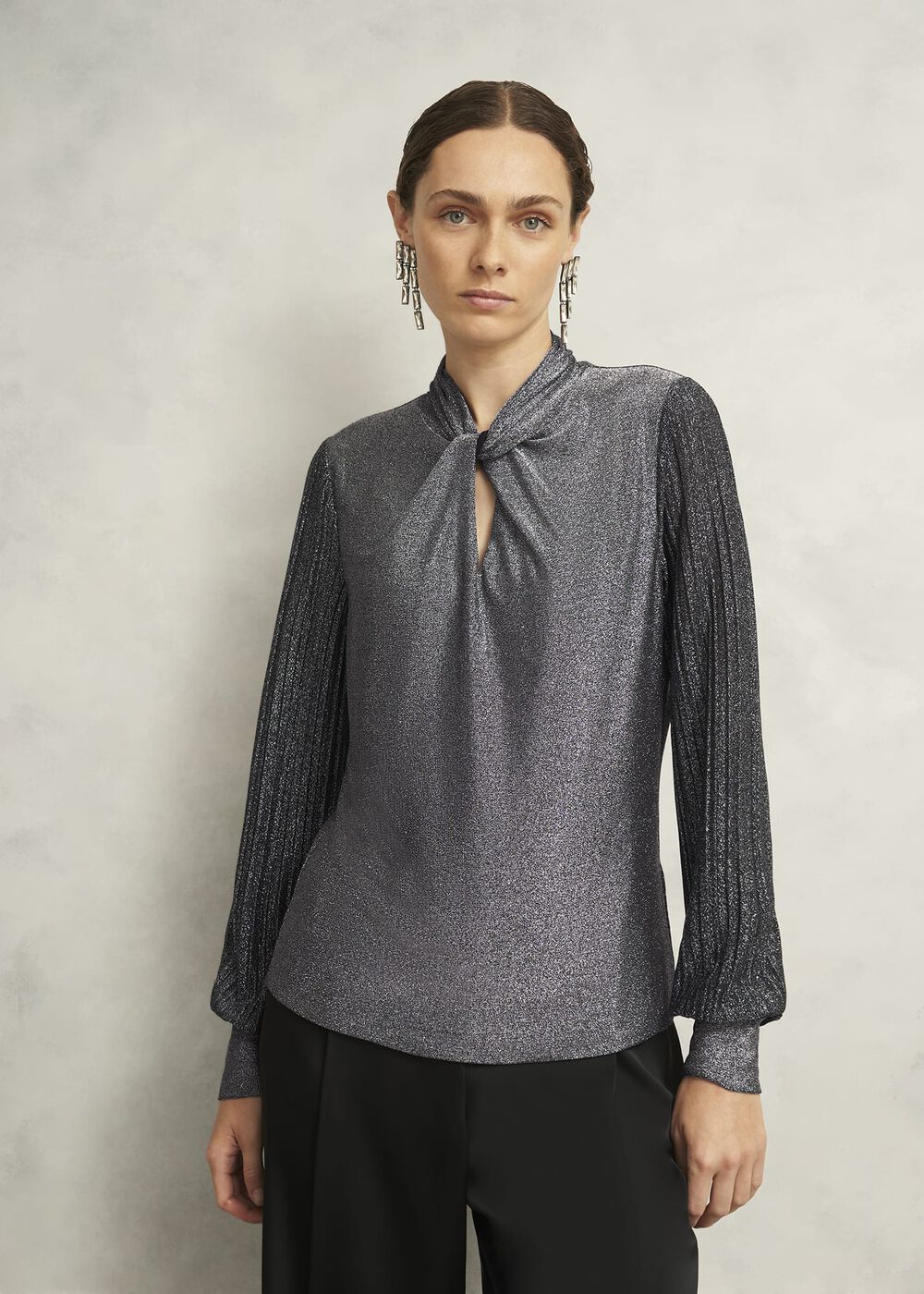 Silver Metallic Ashley Pleat Sleeve Twist Neck Top, Silver, hi-res