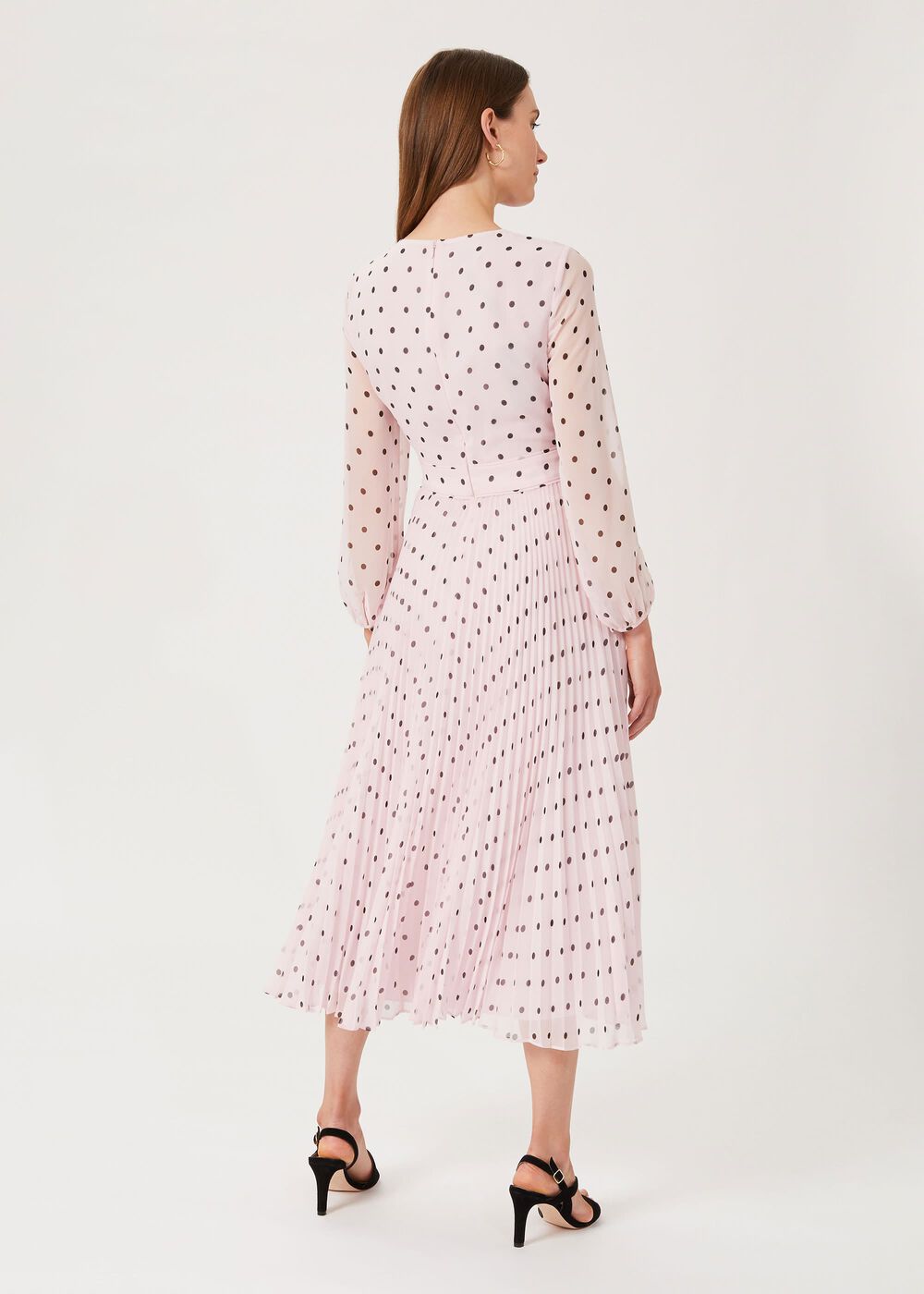 Selena Spot Pleated Dress, Pale Pink Black, hi-res