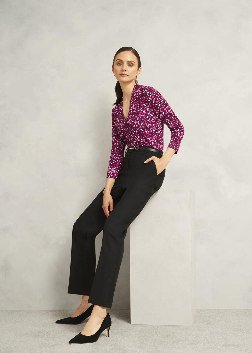 Burgundy Aimee Printed V Neck 3/4 Sleeve Top, Beryl Red, hi-res