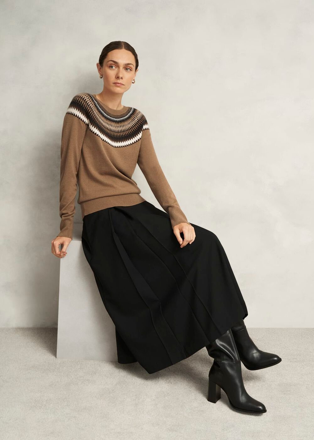 Camel Greta Wool Blend Fairisle Crew Neck Knitted Sweater, Camel Marl, hi-res