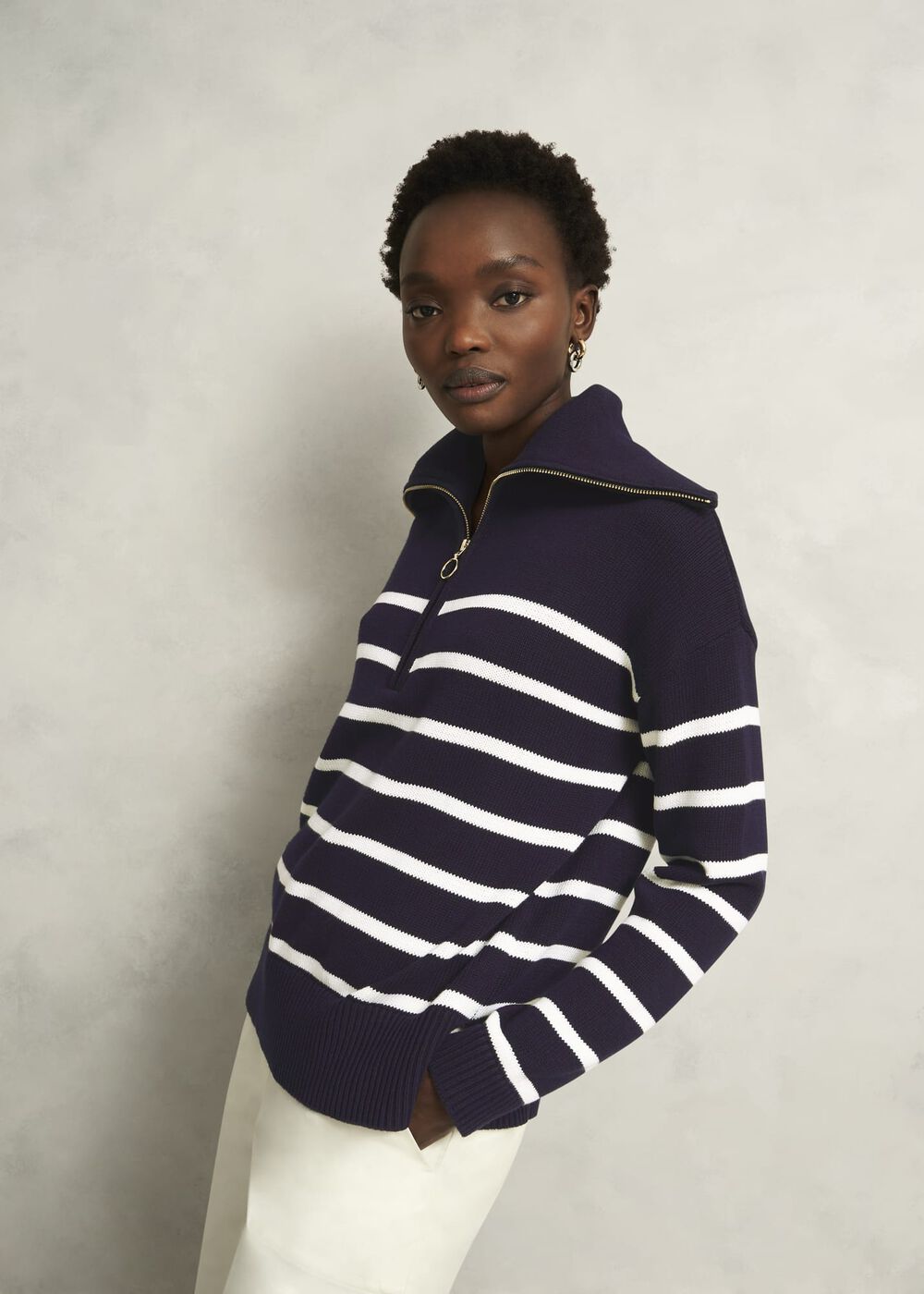 Amy Stripe Cotton Sweater, Warm Ivory Navy, hi-res