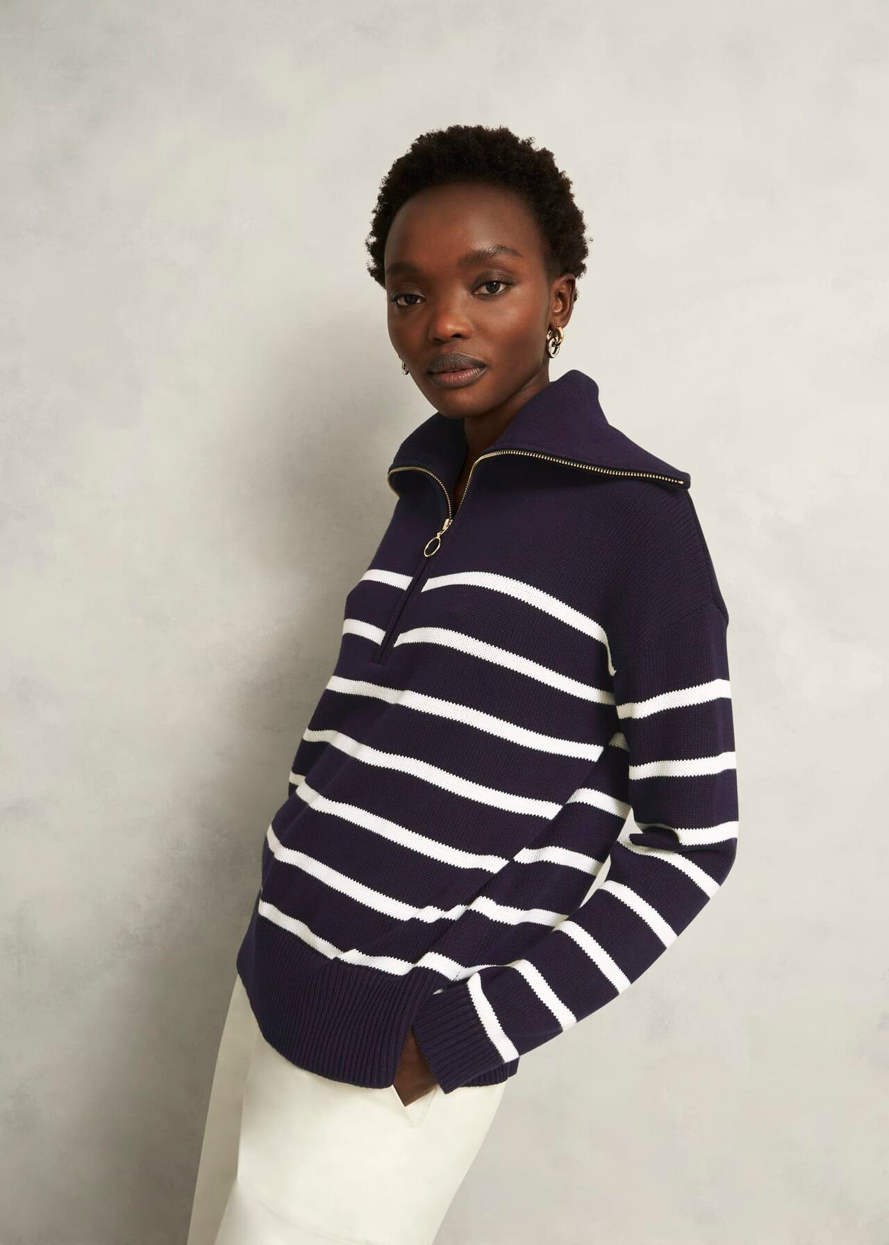 Amy Stripe Cotton Sweater, Warm Ivory Navy, hi-res
