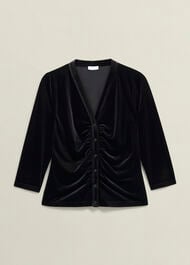 Hattie Velvet Ruched Button Front Top, Black, hi-res