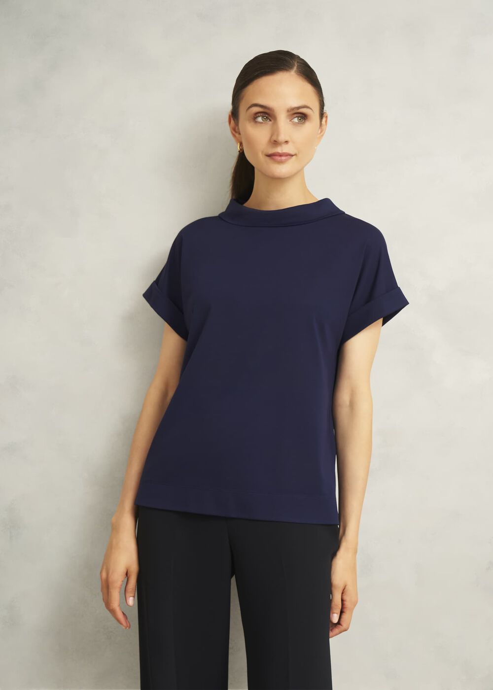 Navy Catriona Cotton Boat Neck Short Sleeve Top, Midnight Navy, hi-res