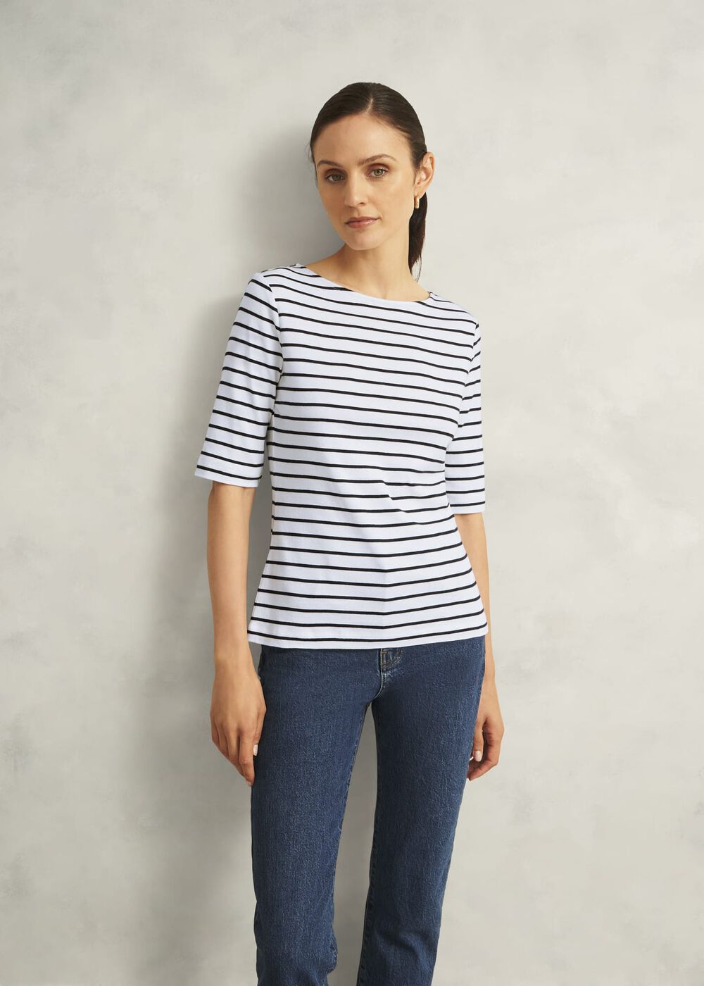Ivory Katie Cotton Stripe Button Back Top, White Navy, hi-res