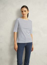 Ivory Katie Cotton Stripe Button Back Top, White Navy, hi-res
